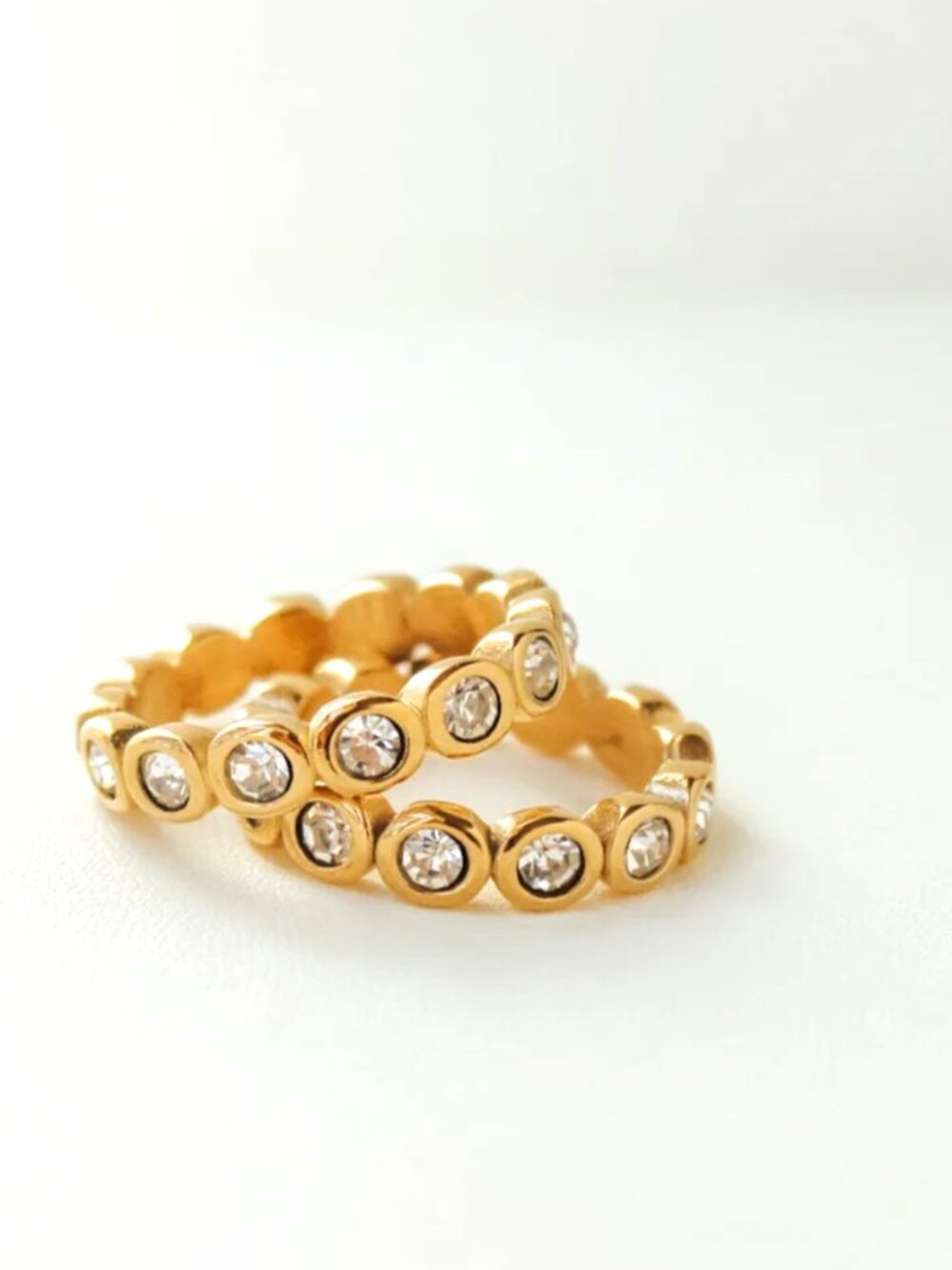 Gold CZ Tennis Ring Waterproof 18K Stainless Steel Eternity Stacking Band CUTE